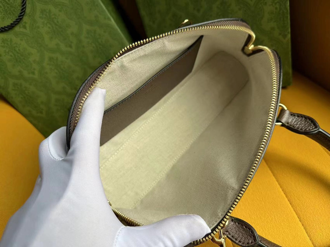 BOLSO PEQUEÑO OPHIDIA 31 CON ASA SUPERIOR DE LONA BEIGE Y PIEL DE BECERRO MARRÓN