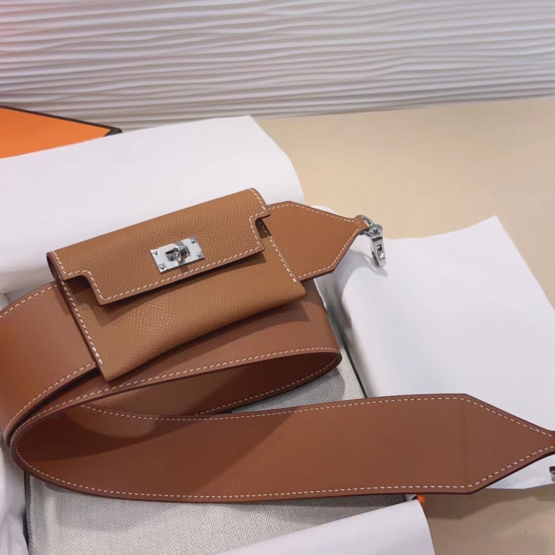 Bandoulière Kelly Pocket 50 mm marron Epsom avec quincaillerie argentée