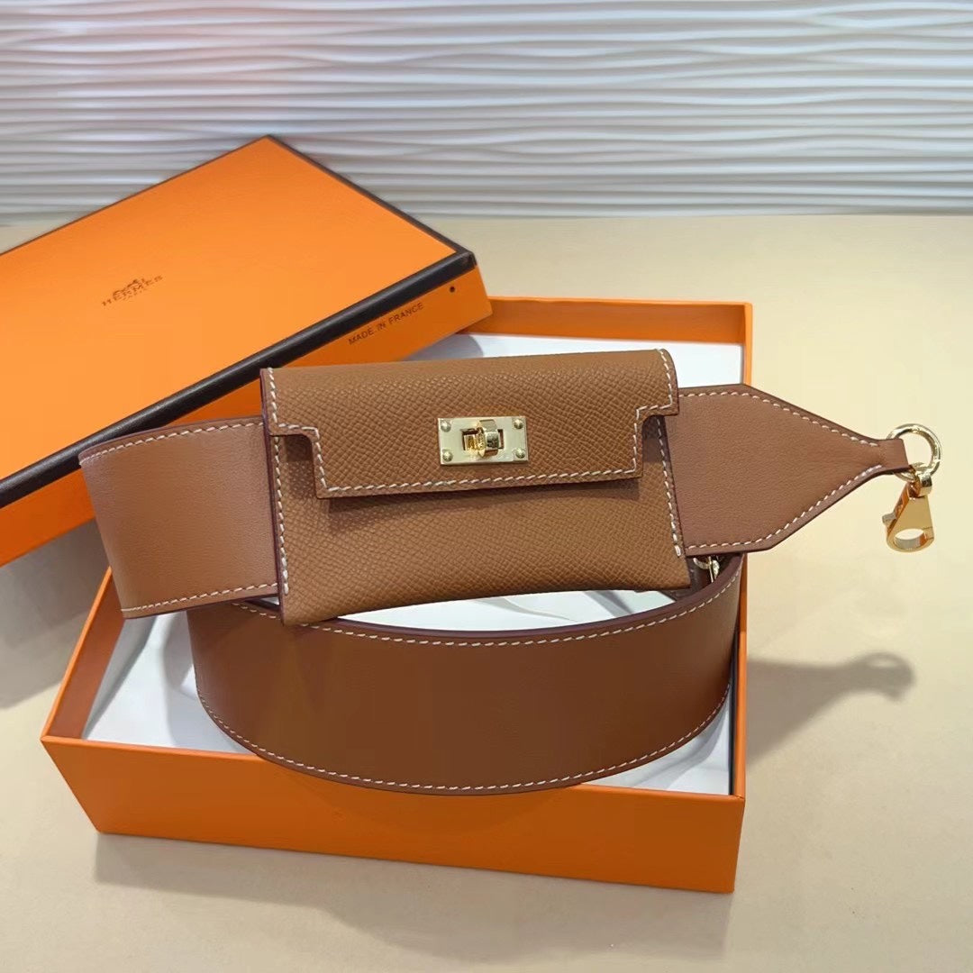 Bandoulière Kelly Pocket 50 mm marron Epsom avec finitions dorées