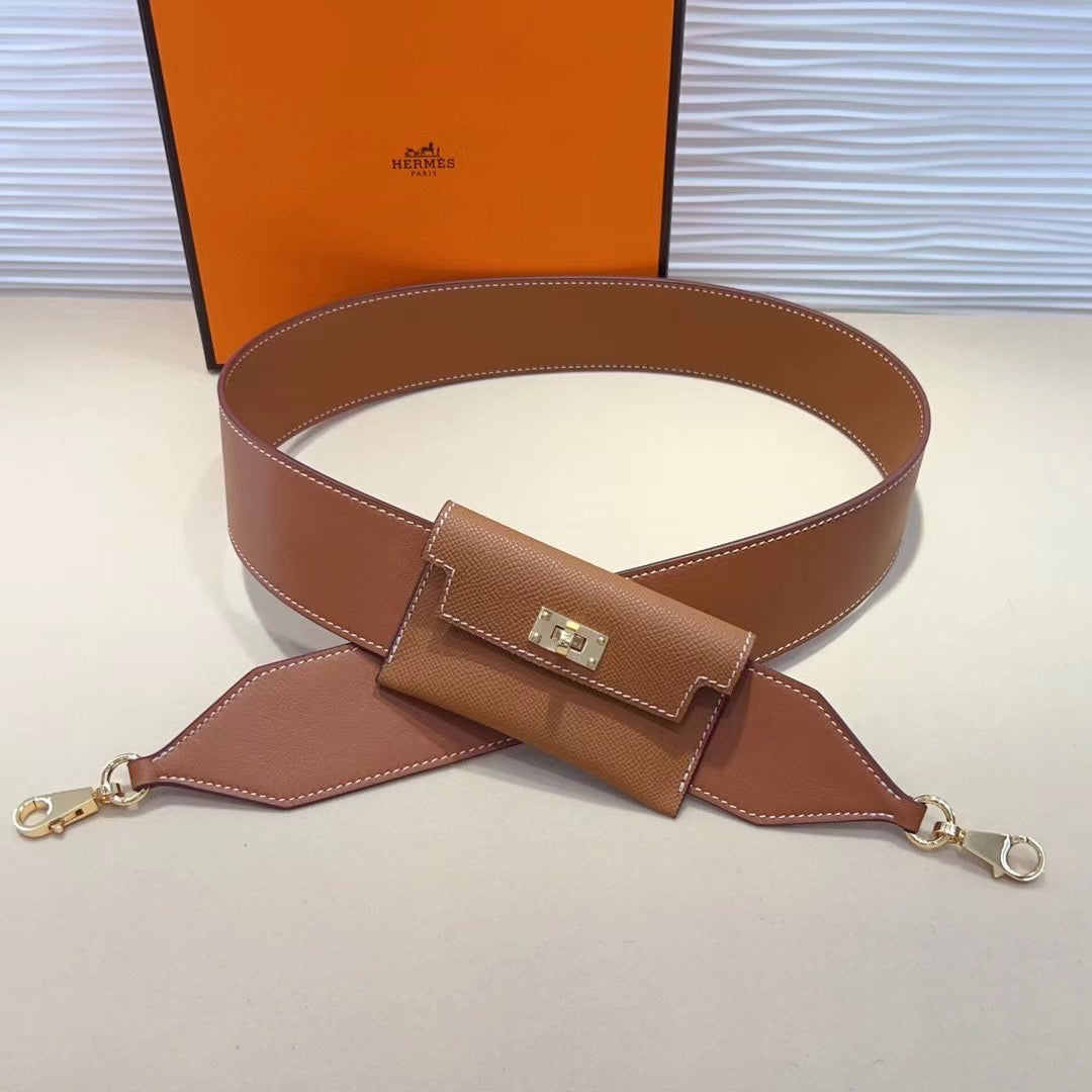 Bandoulière Kelly Pocket 50 mm marron Epsom avec finitions dorées