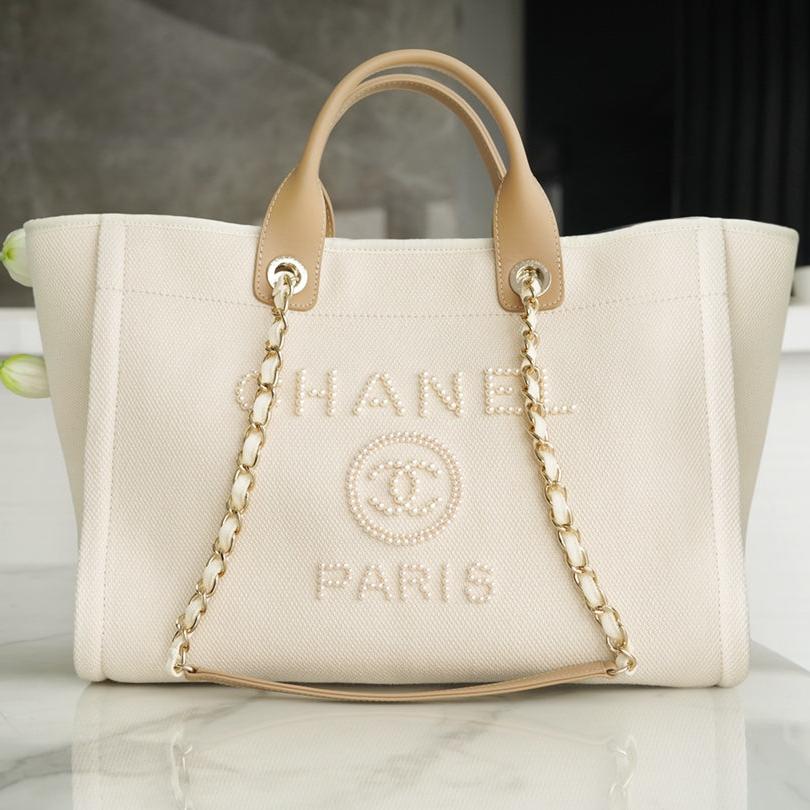 BOLSO TOTE 39 CON LOGOTIPO DE PERLA ADJUNTO EN LONA BEIGE Y HERRAJES DORADOS