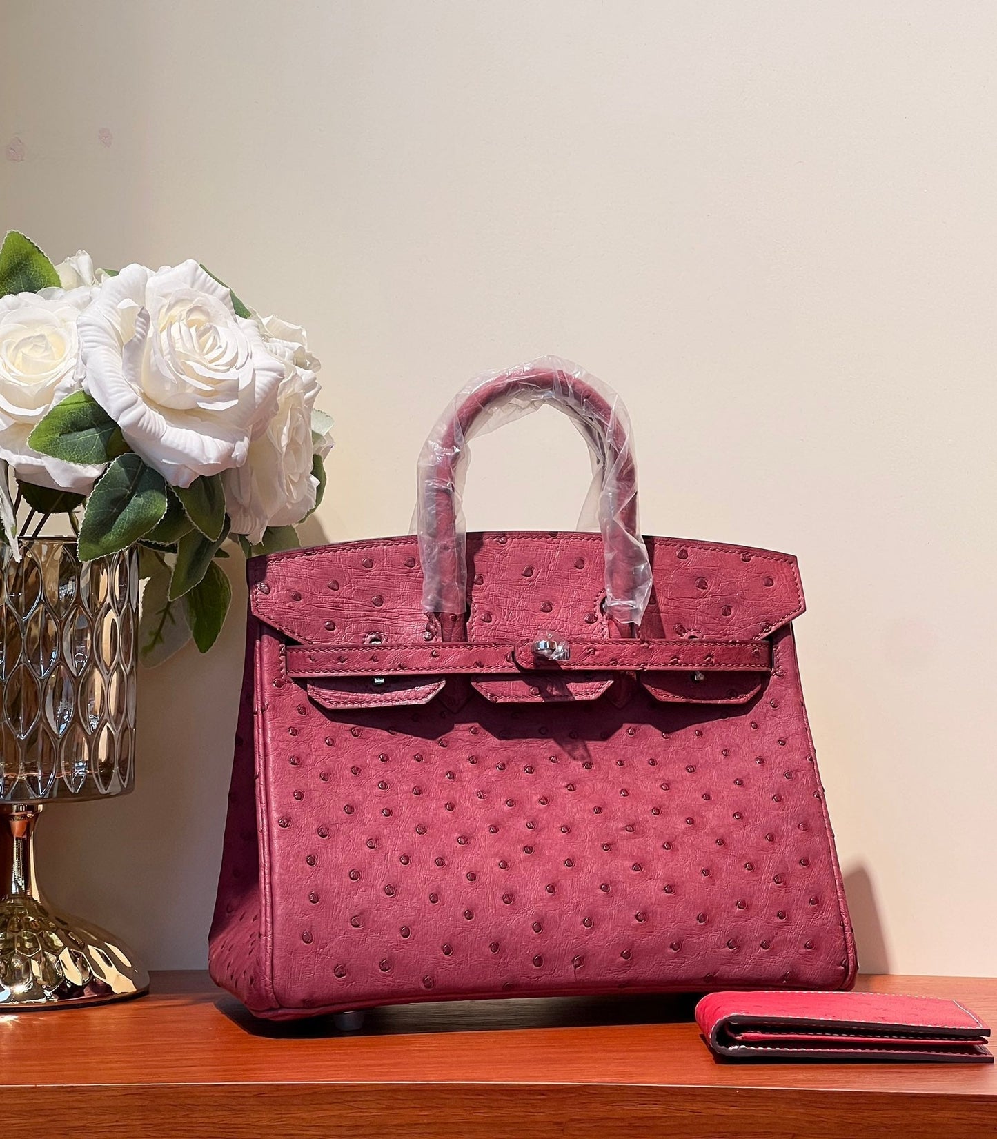 KELLY SELLIER 25 BAG IN CURRANT RED OSTRICH LEATHER WITH SILVER HARDWARE (MADE - TO - ODER)