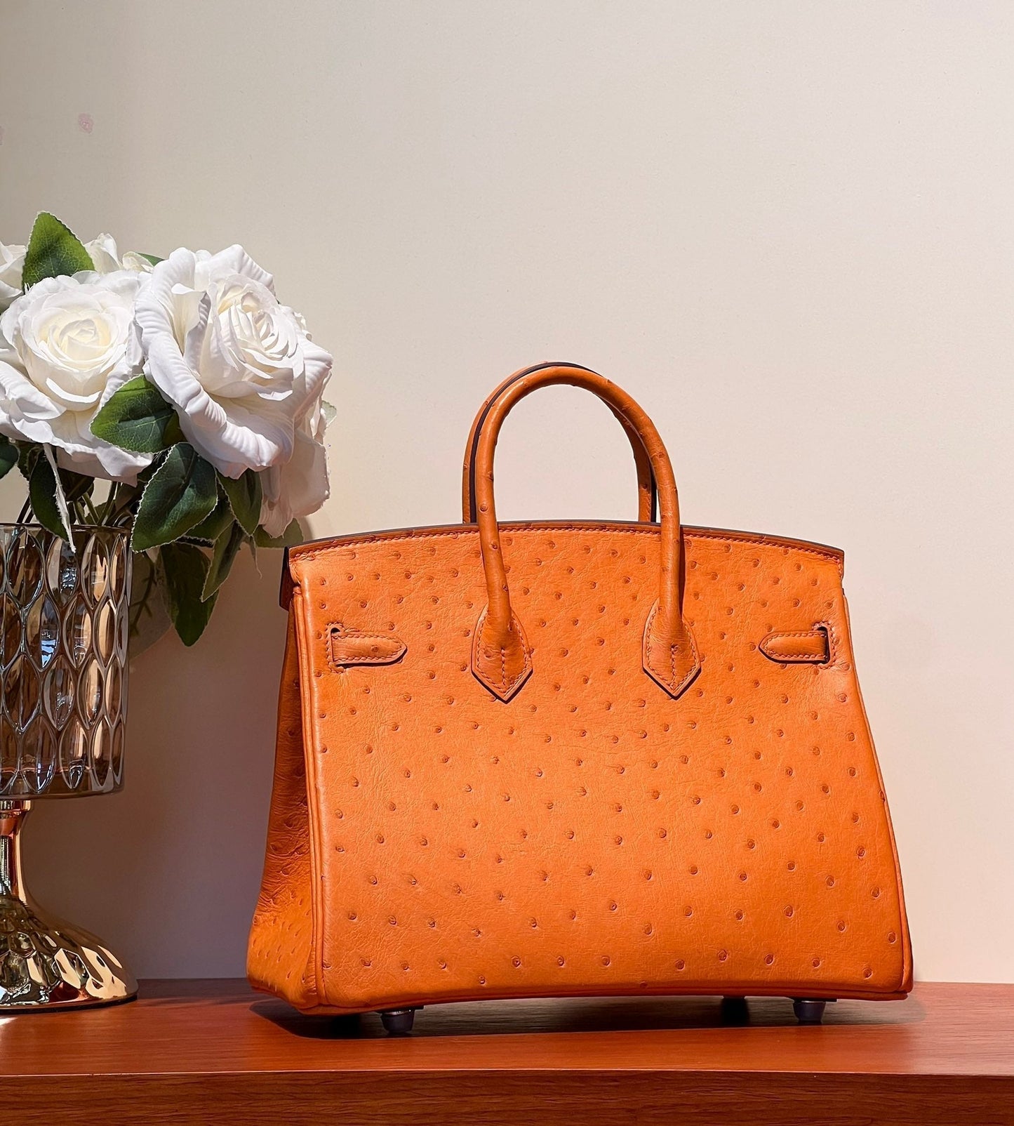 KELLY SELLIER 25 BAG IN FIRE ORANGE OSTRICH LEATHER WITH SILVER HARDWARE (MADE - TO - ODER)