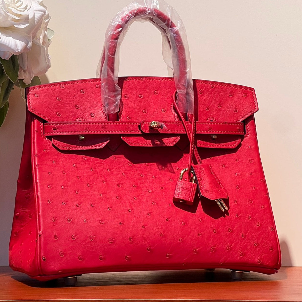 SAC KELLY SELLIER 25 EN CUIR D'AUTRUCHE ROUGE CLASSIQUE AVEC QUINCAILLERIE DORÉ (FABRIQUÉ SUR COMMANDE)
