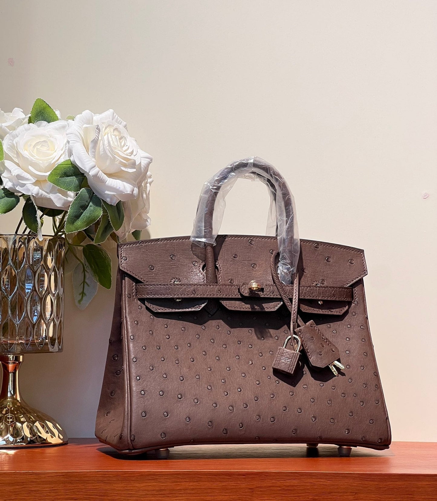 KELLY SELLIER 25 BAG IN PEACAN BROWN OSTRICH LEATHER WITH GOLD RHINSTONES (MADE - TO - ODER)