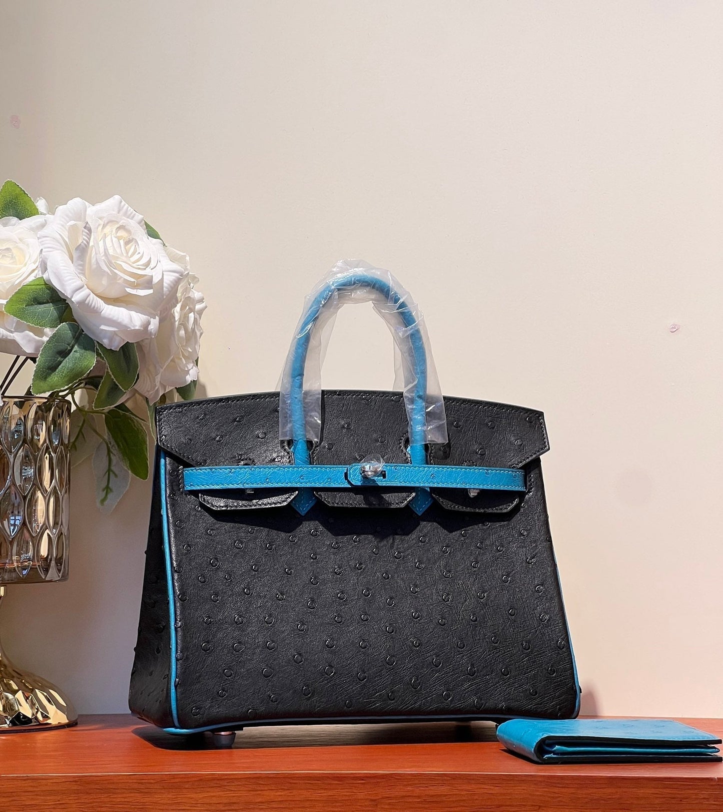 KELLY SELLIER 25 BAG IN BLACK MIX OCEAN BLUE OSTRICH LEATHER (MADE - TO - ODER)