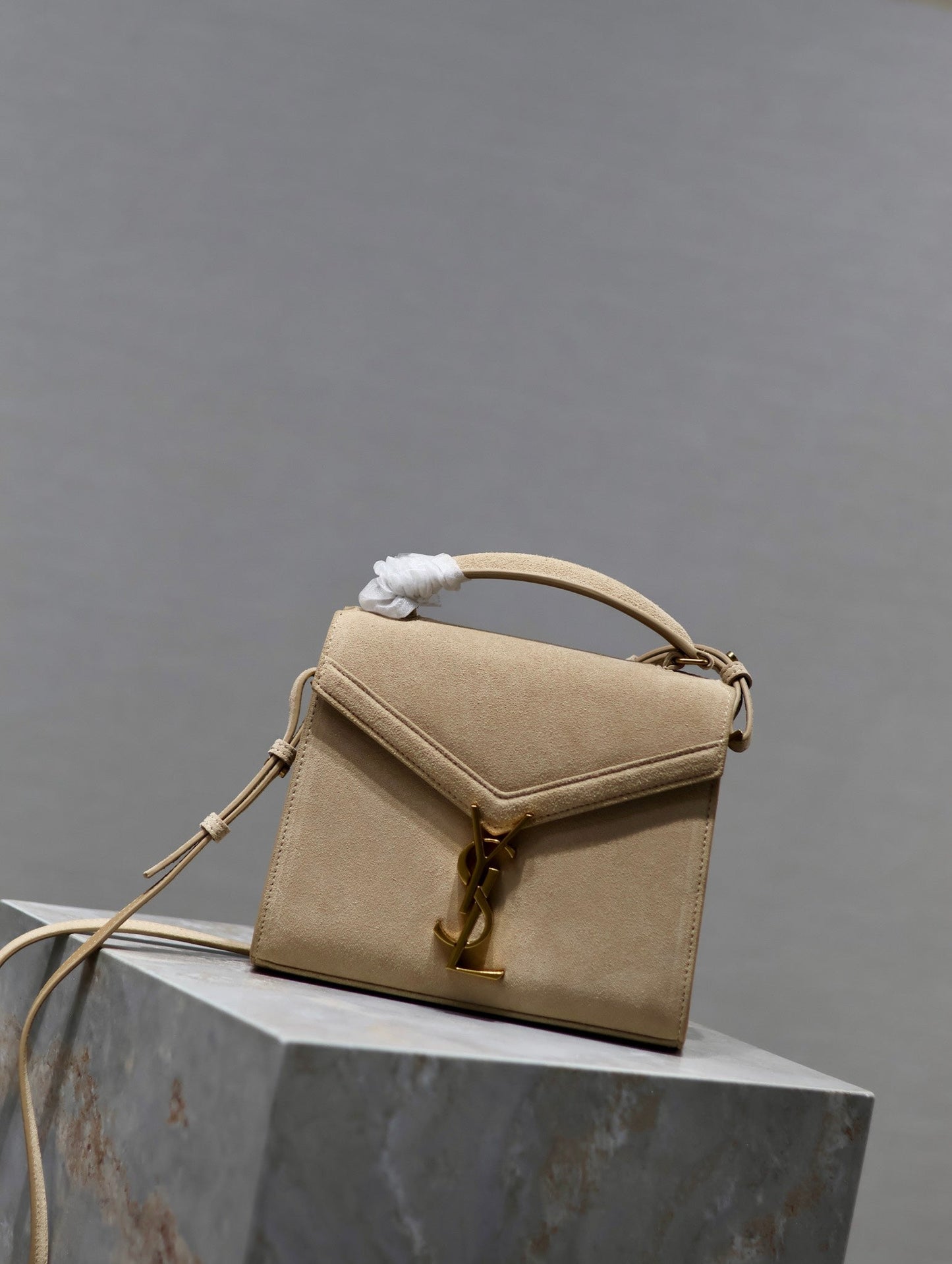 CASSANDRA MINI TOP HANDLE BAG 20 IN BEIGE SUEDE GOLD HARDWARE