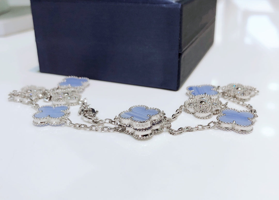 DIANA CLOVER 10 MOTIFS CHALCEDONY DIAMONDS SILVER NECKLACE