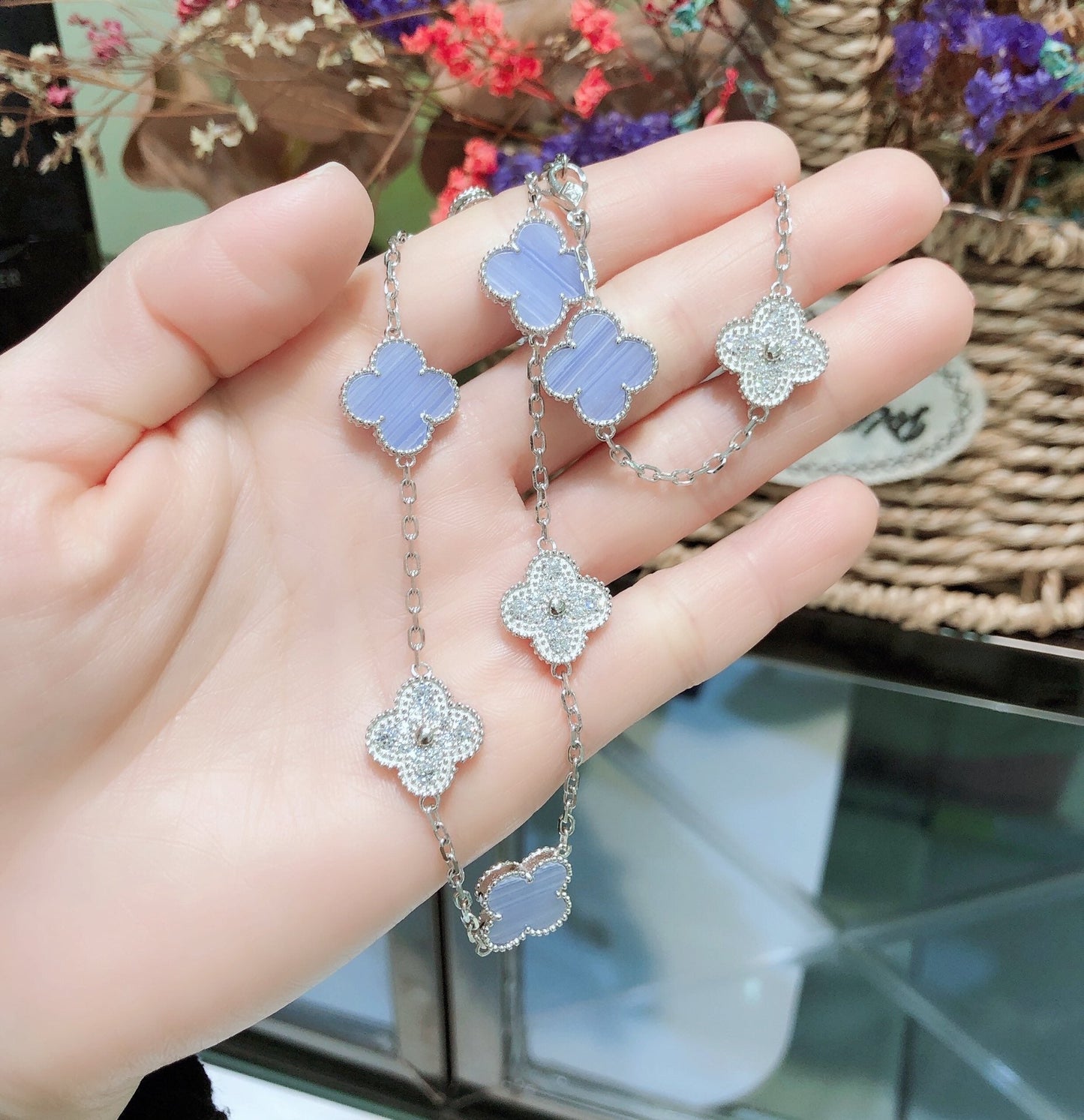 DIANA CLOVER 10 MOTIFS CHALCEDONY DIAMONDS SILVER NECKLACE