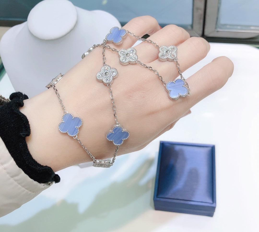 DIANA CLOVER 10 MOTIFS CHALCEDONY DIAMONDS SILVER NECKLACE