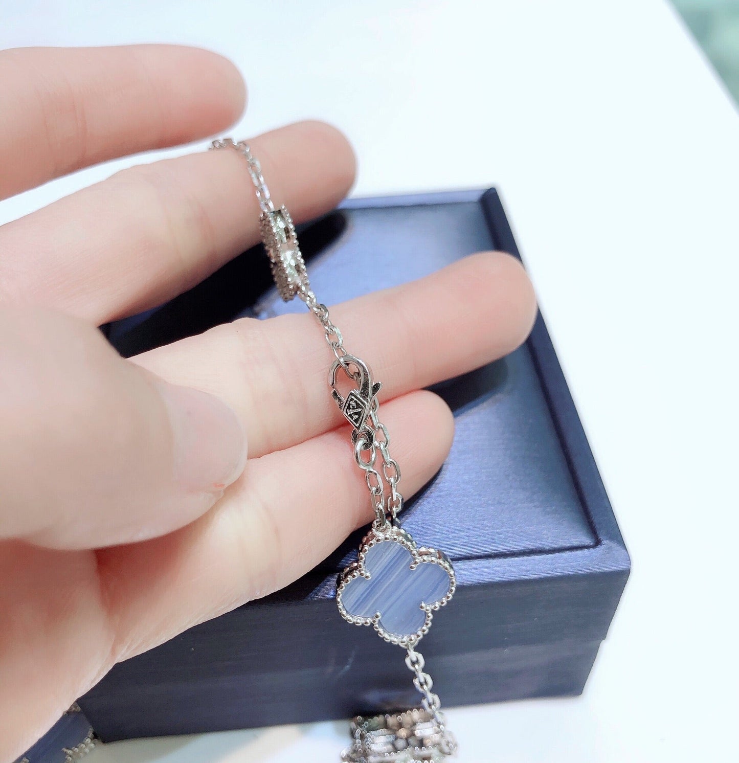 DIANA CLOVER 10 MOTIFS CHALCEDONY DIAMONDS SILVER NECKLACE