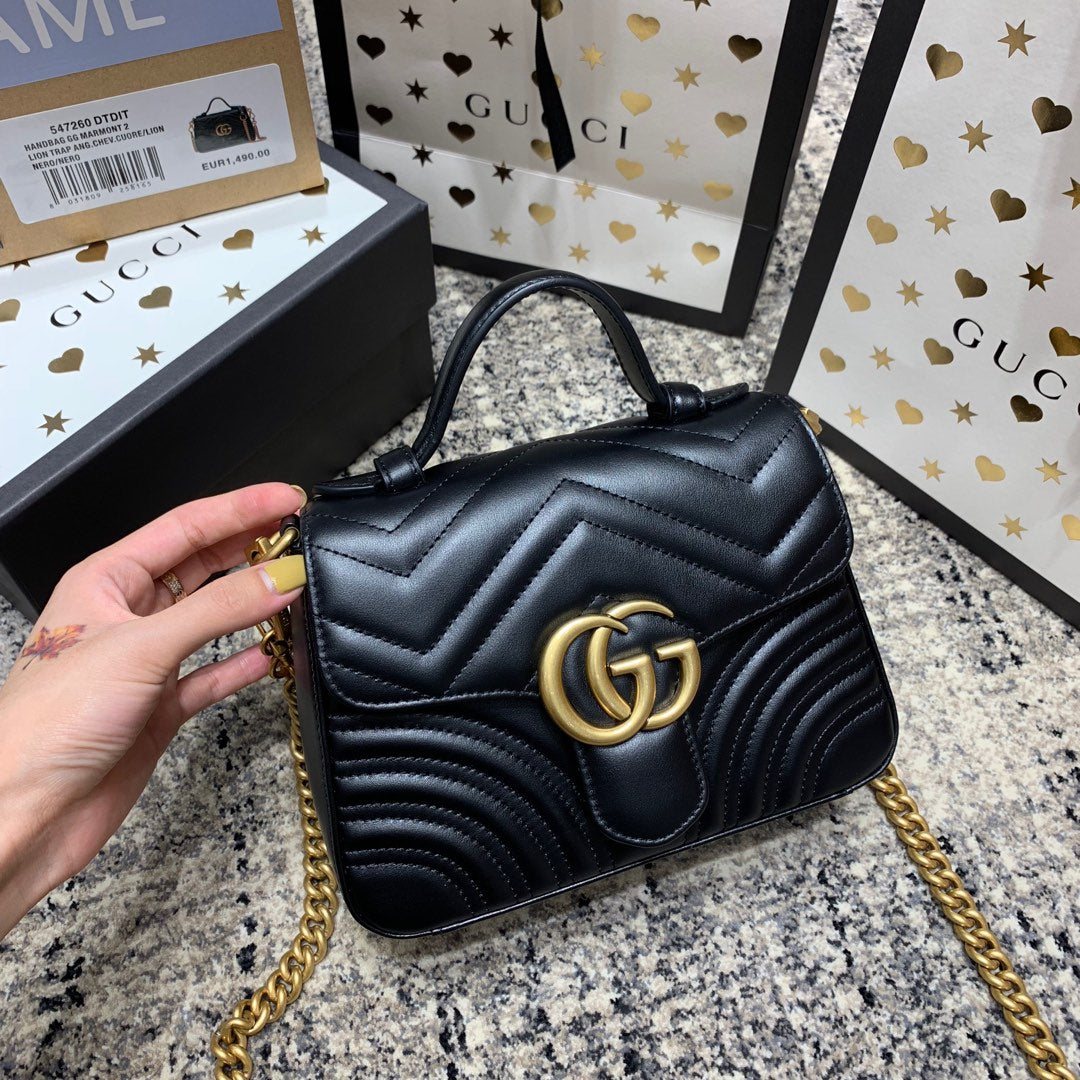 GG Marmont Mini Top de 21 cm de piel de becerro negra con herrajes dorados
