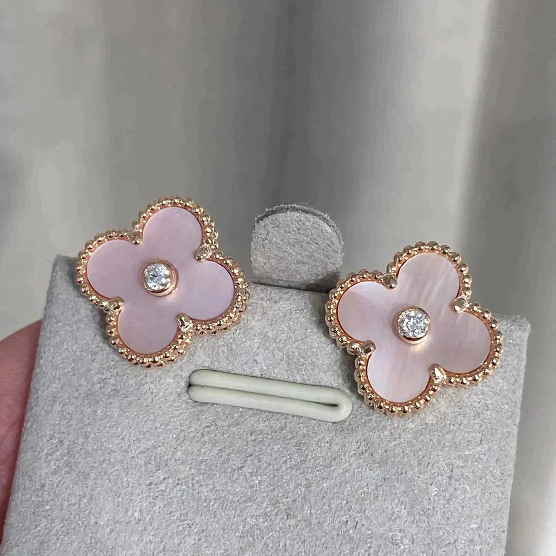 DIANA CLOVER MEDIUM 1 MOTIFS  PINK MOP DIAMOND EARRINGS