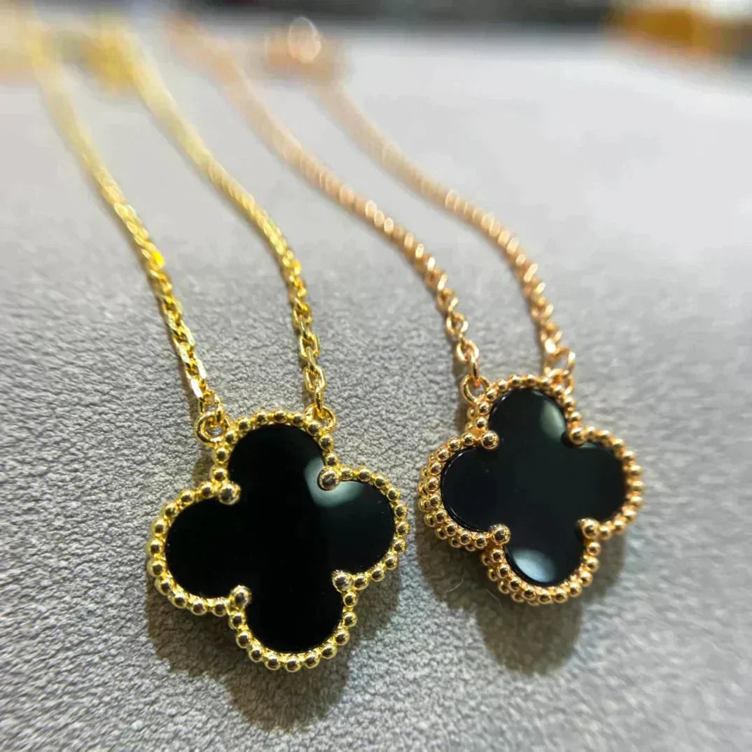 DIANA CLOVER 15MM BLACK ONYX SINGLE FLOWER NECKLACE