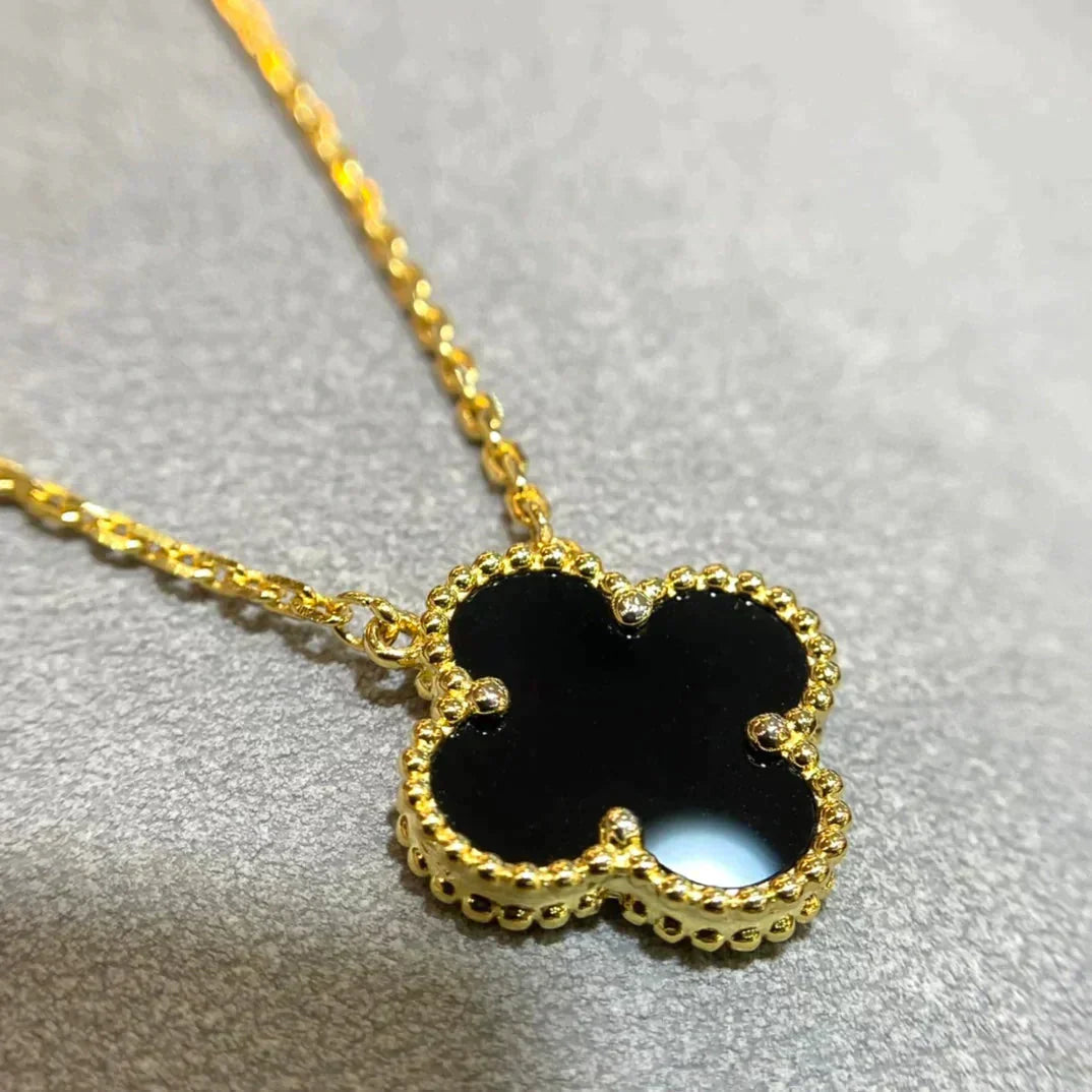 DIANA CLOVER 15MM BLACK ONYX SINGLE FLOWER NECKLACE