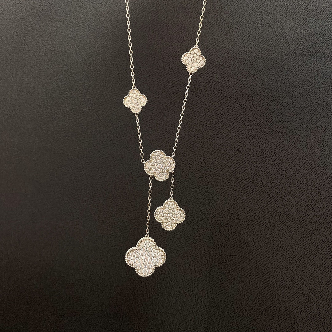 DIANA CLOVER 5 MOTIFS SILVER DIAMONDS NECKLACE