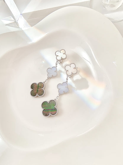 DIANA CLOVER 3 MOTIFS CHALCEDONY DARK MOP SILVER EARRINGS