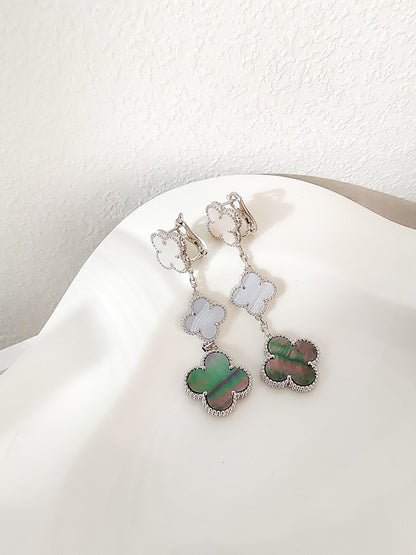 DIANA CLOVER 3 MOTIFS CHALCEDONY DARK MOP SILVER EARRINGS