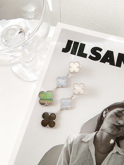 DIANA CLOVER 3 MOTIFS CHALCEDONY DARK MOP SILVER EARRINGS