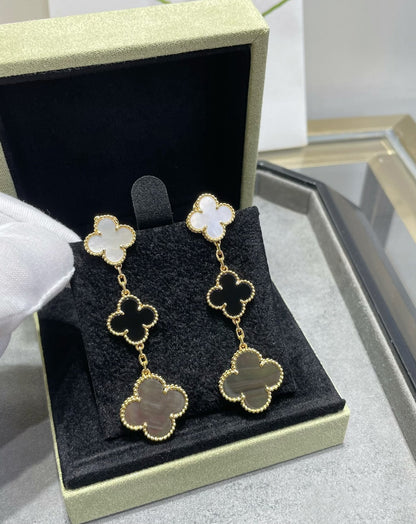 DIANA CLOVER 3 MOTIF MOP ONYX DARK MOP PINK GOLD EARRINGS