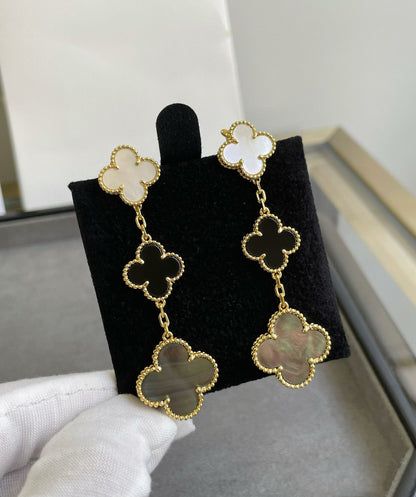 DIANA CLOVER 3 MOTIF MOP ONYX DARK MOP PINK GOLD EARRINGS