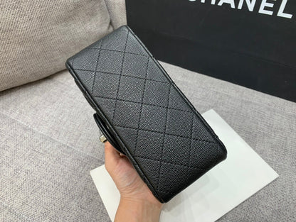 MINI BOLSO CUADRADO CON SOLAPA 17 CM NEGRO CAVIAR HERRAJES PLATEADOS