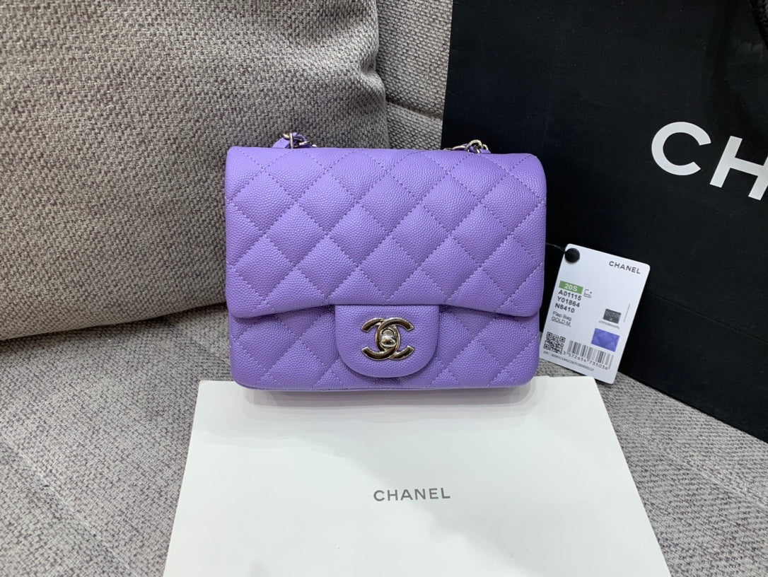 MINI SAC À RABAT CARRÉ 17 CM VIOLET CAVIAR QUINCAILLERIE ARGENTÉE