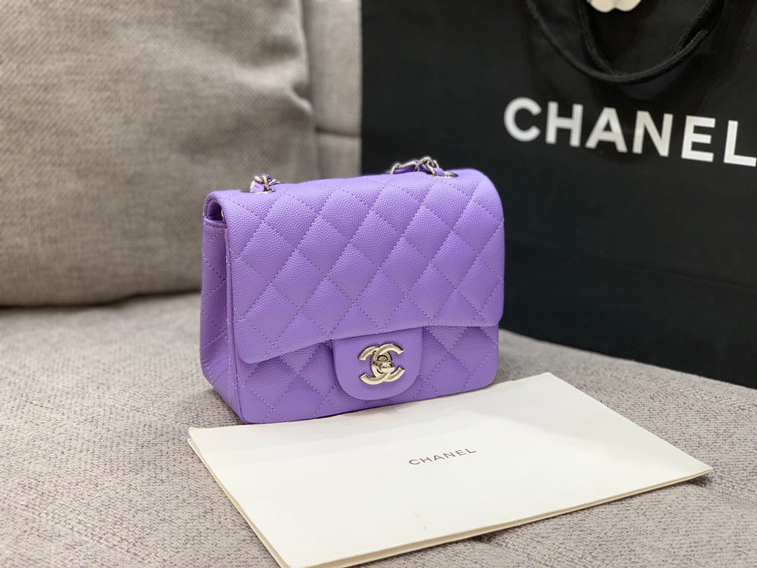 MINI SAC À RABAT CARRÉ 17 CM VIOLET CAVIAR QUINCAILLERIE ARGENTÉE