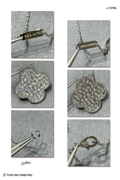 DIANA CLOVER 25MM LARGE PENDANT DIAMOND PAVED SILVER NECKLACE