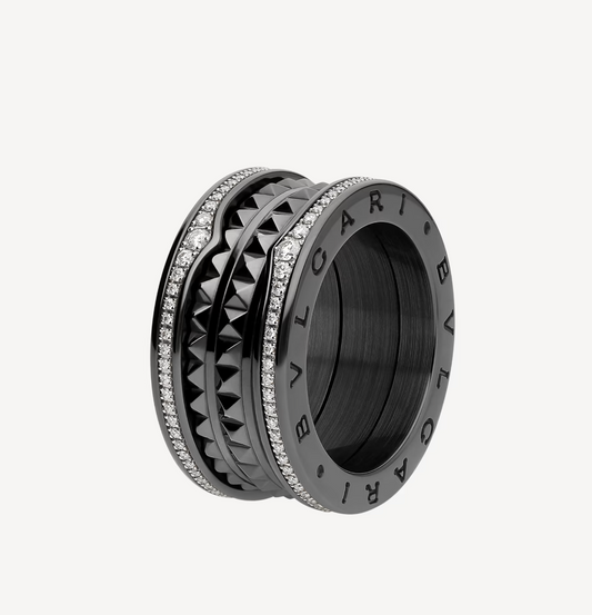 DIANA ZERO 1 ROCK FOUR-BAND BLACK CERAMIC WITH STUDDED SPIRAL AND PAVED DIAMONDS RING