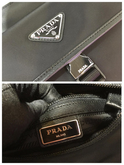 BOLSO BANDOLERA CON LOGO TRIÁNGULO 25 EN RE-NYLON NEGRO Y ADORNO DE PIEL SAFFIANO