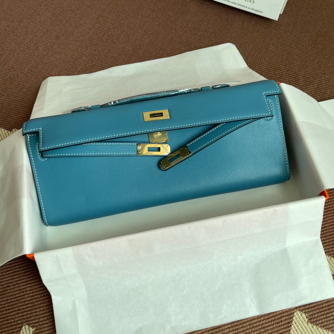 HM Kelly Cut 31cm Cuero Swift Azul Claro Ghw