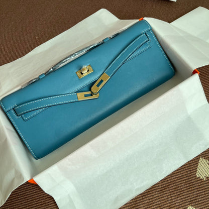 HM Kelly Cut 31cm Cuero Swift Azul Claro Ghw