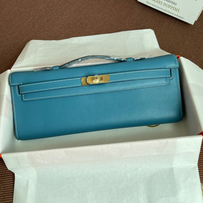 HM Kelly Cut 31cm Cuero Swift Azul Claro Ghw