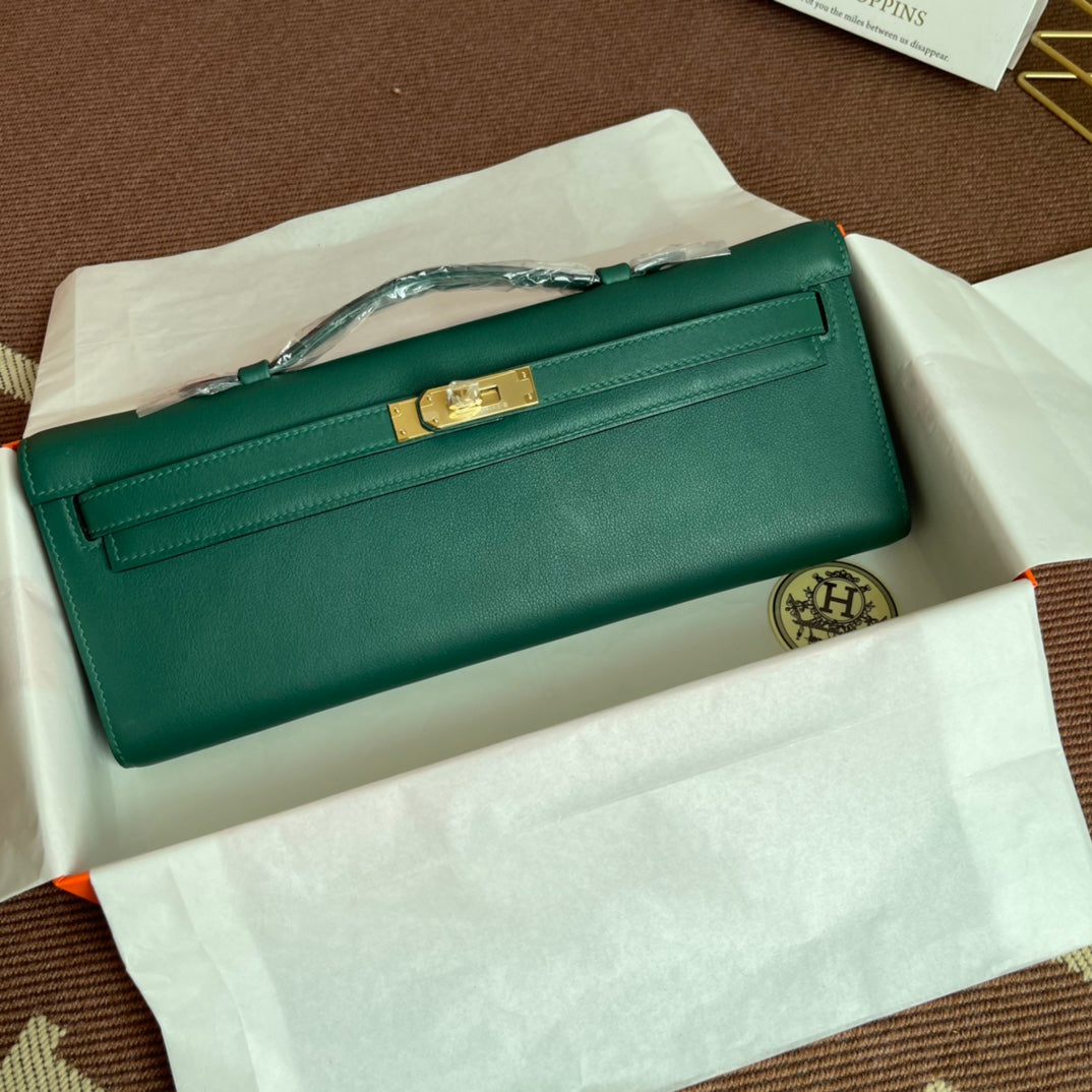 HM Kelly Cut 31cm Cuero Swift Verde Oscuro Ghw