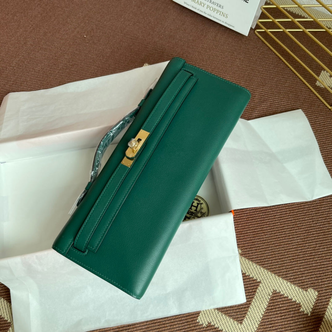 HM Kelly Cut 31cm Cuero Swift Verde Oscuro Ghw
