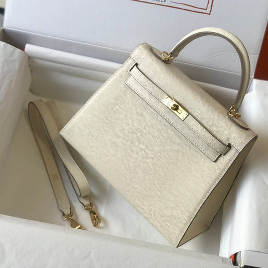 Hm Kelly 32 cm, cuero Epsom blanco, herrajes dorados