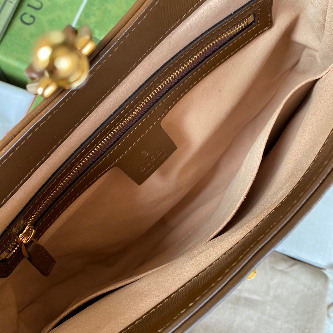 Bolso pequeño gg jackie de 28 cm en lona beige con monograma de piel de becerro marrón