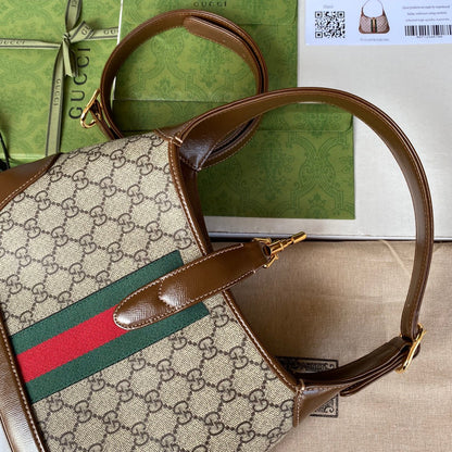Bolso pequeño gg jackie de 28 cm en lona beige con monograma de piel de becerro marrón