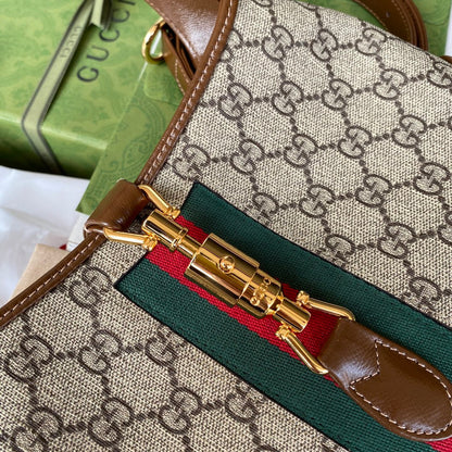 Bolso pequeño gg jackie de 28 cm en lona beige con monograma de piel de becerro marrón