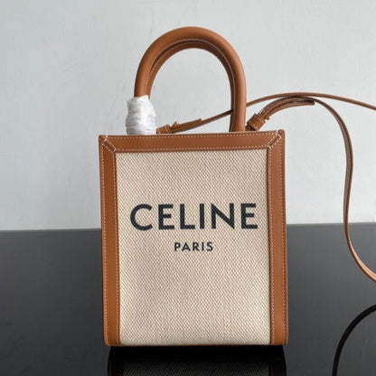 mini cabas vertical 17 cm toile blanche cuir de veau beige