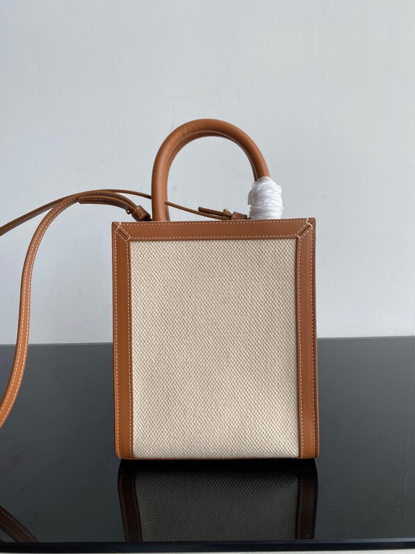 mini cabas vertical 17 cm toile blanche cuir de veau beige