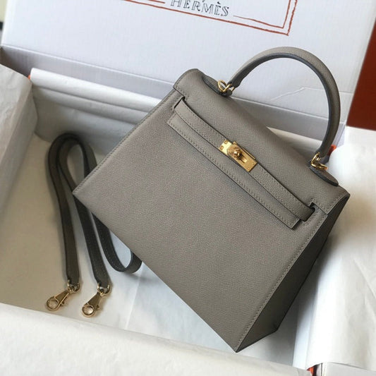 Hm Kelly 32 cm, cuero Epsom gris oscuro, herrajes dorados
