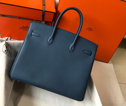 BOLSO HM BIRKIN 35 CM AZURE TOGO HARDWARE DORADO