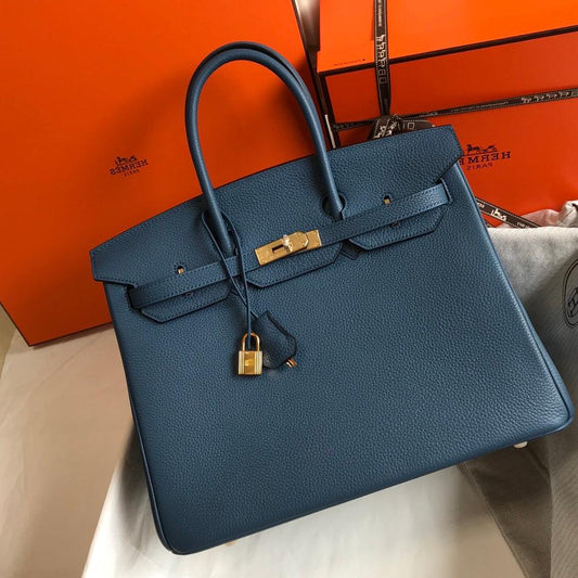 BOLSO HM BIRKIN 35 CM AZURE TOGO HARDWARE DORADO