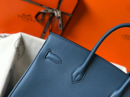 BOLSO HM BIRKIN 35 CM AZURE TOGO HARDWARE DORADO