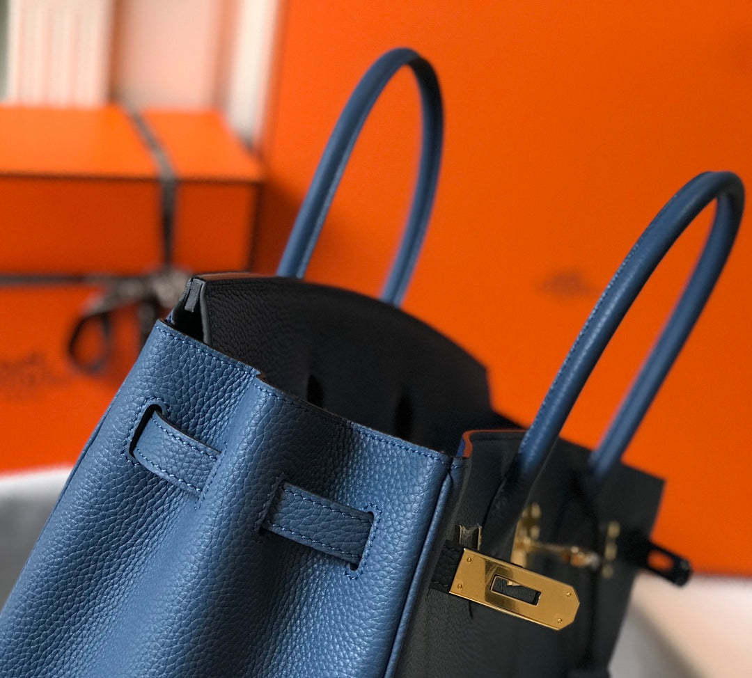 BOLSO HM BIRKIN 35 CM AZURE TOGO HARDWARE DORADO