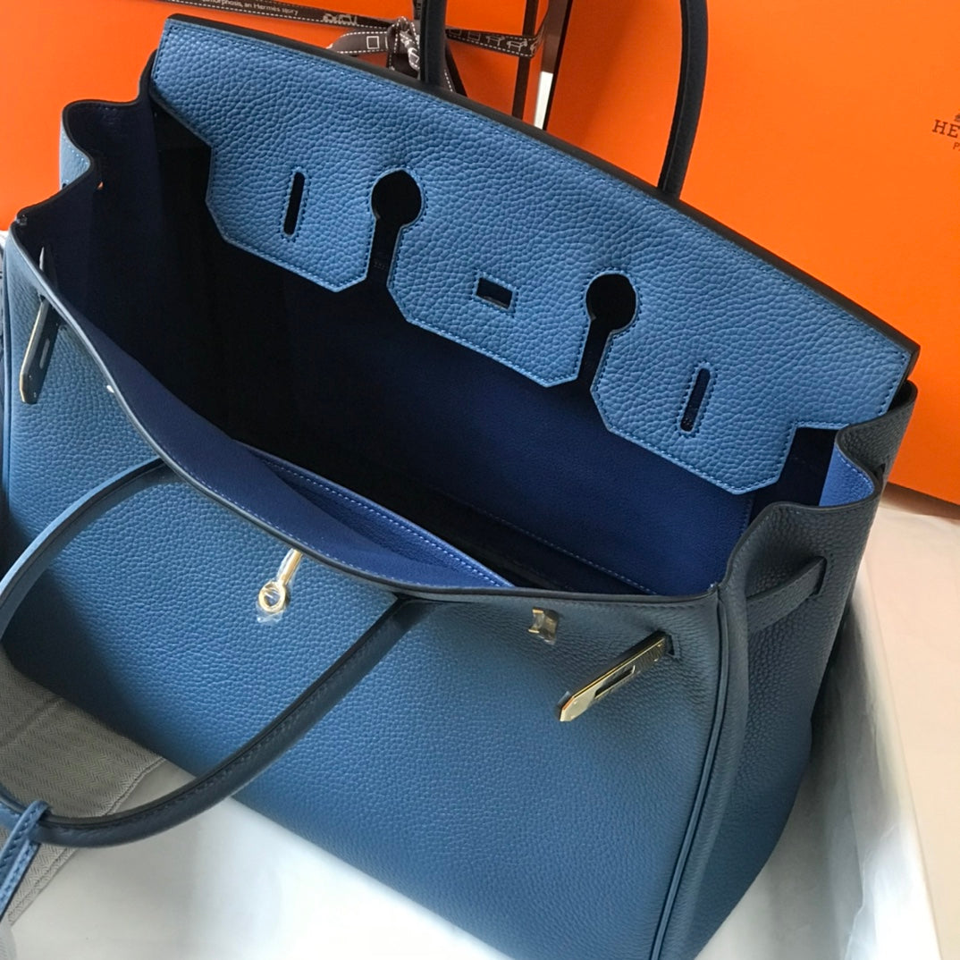 BOLSO HM BIRKIN 35 CM AZURE TOGO HARDWARE DORADO