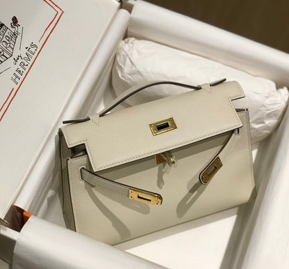 POCHETTE HM KELLY 22 CM BLANC BEIGE SWIFT QUINCAILLERIE OR