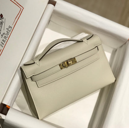 POCHETTE HM KELLY 22 CM BLANC BEIGE SWIFT QUINCAILLERIE OR